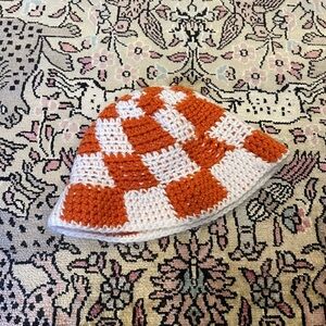 Checkered Orange and White Knit Kids Beanie